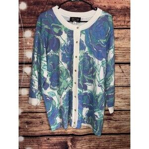 Bob Mackie Wearable Art Cardigan Womens size XL Sweater Blue Floral 3/4 Sleeves